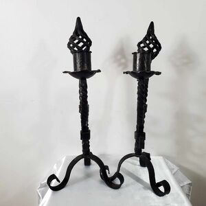 Pair of Vintage Handmade Wrought Iron Torch Candle Holders Black